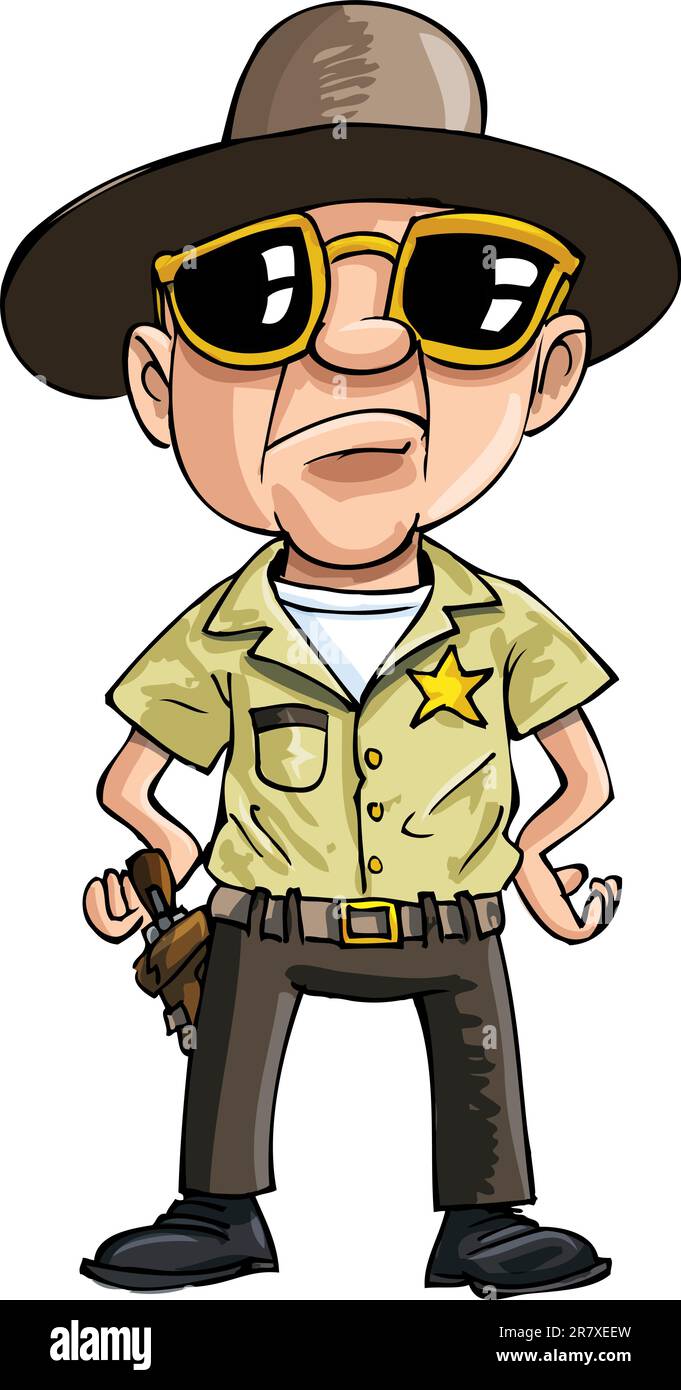 Poliziotto dei cartoni animati con occhiali scuri. Isolato su bianco Illustrazione Vettoriale