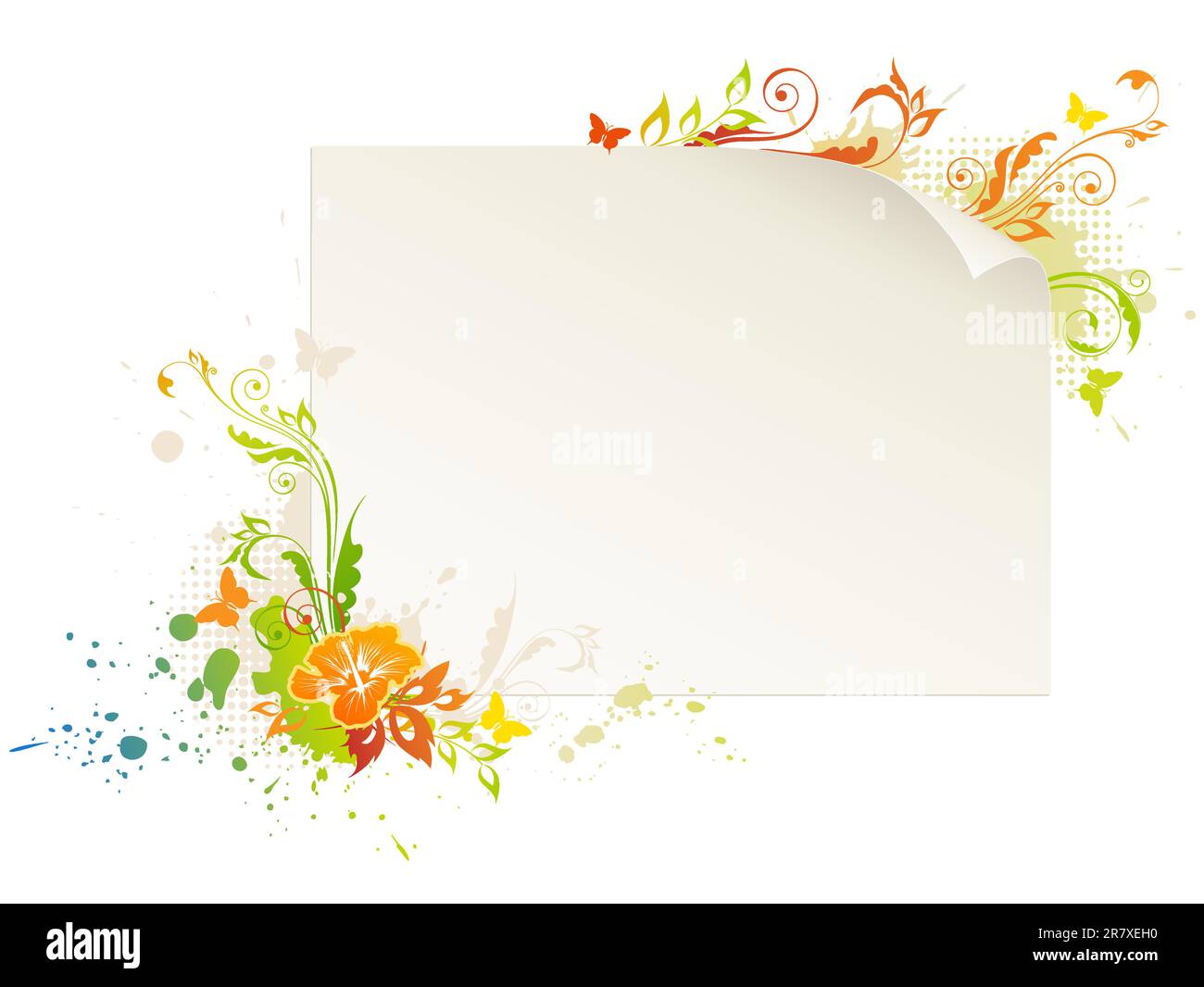 Svuotare il foglio di carta con ornamenti floreali e farfalle Illustrazione Vettoriale