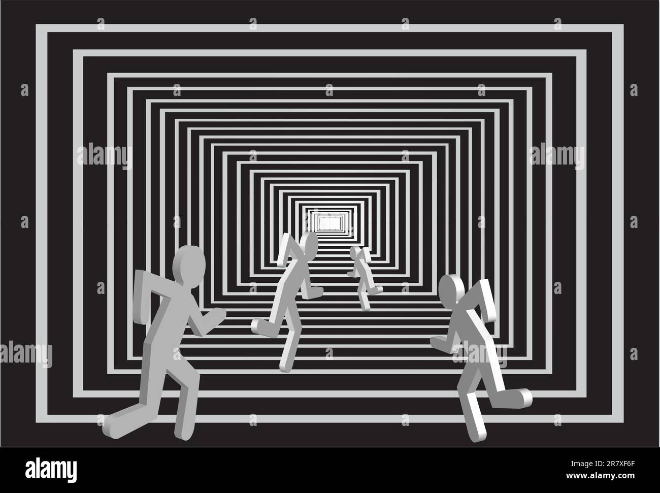 Vettore persona in esecuzione. Corridoio quadrato. Luce alla fine del tunnel. Illustrazione astratta Illustrazione Vettoriale