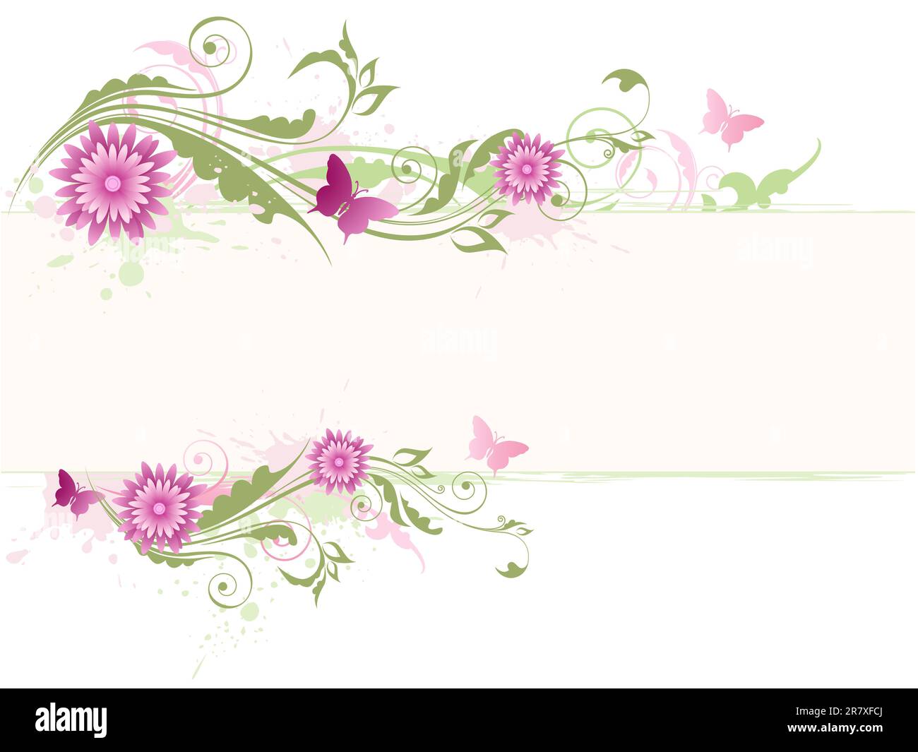 sfondo floreale vettoriale con fiori rosa e ornamento verde Illustrazione Vettoriale