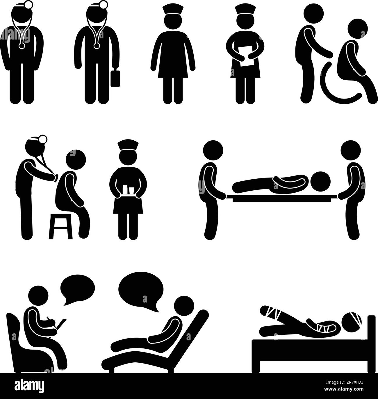 Una serie di figure umane che mostra medico, infermiere e paziente in un ospedale. Illustrazione Vettoriale