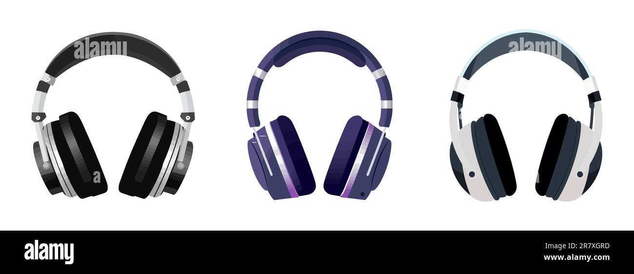 Set di icone delle cuffie, stile piatto su sfondo bianco Illustrazione Vettoriale