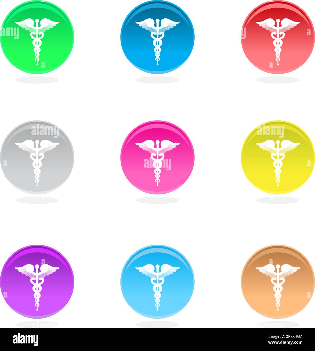 Icone di colore circolare Caduceus isolate su bianco. Contiene lucidi, file eps 10. Illustrazione Vettoriale