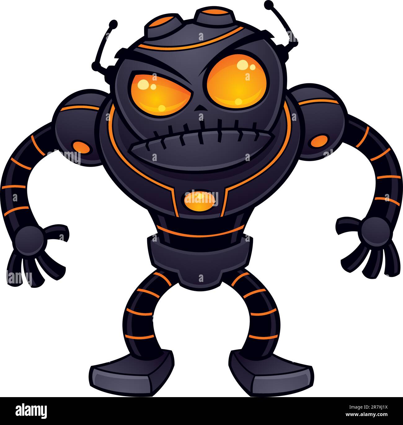 Vector cartoon illustrazione di un robot arrabbiato ottenere pronto per la battaglia. Questo significa e brutto robot è grigio scuro con occhi arancio e mette in evidenza. Illustrazione Vettoriale