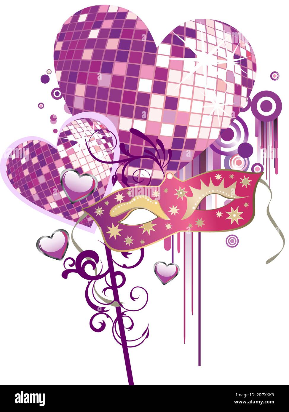 illustrazione vettoriale della maschera veneziana sui cuori colorati dello specchio Illustrazione Vettoriale