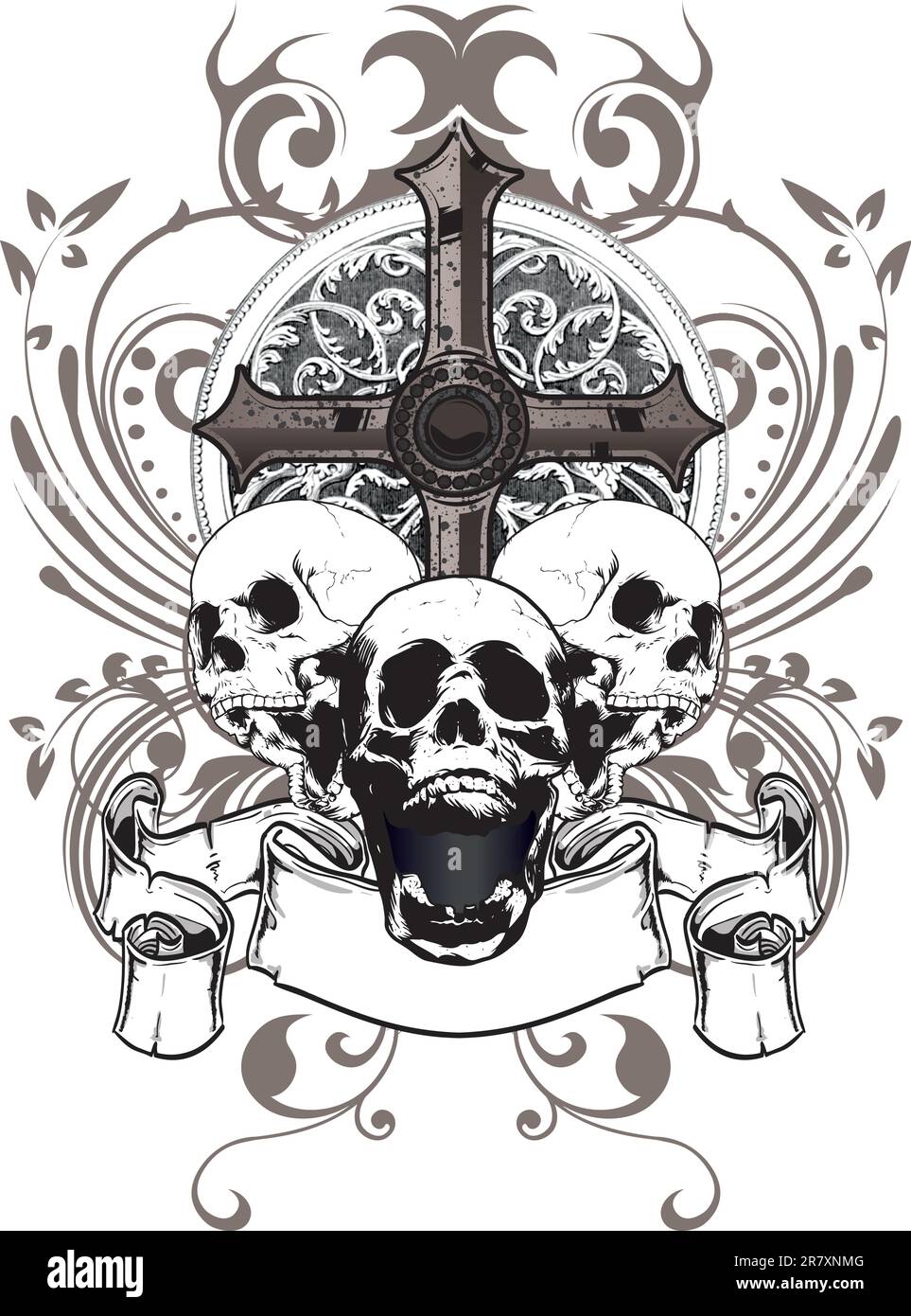 Tre teschi con una croce e uno stemma circondato da ornamenti floreali Illustrazione Vettoriale