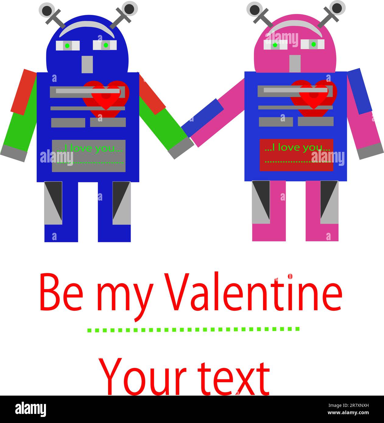 Matura in amore - Robot colorati. Tempo di San Valentino. Illustrazione Vettoriale