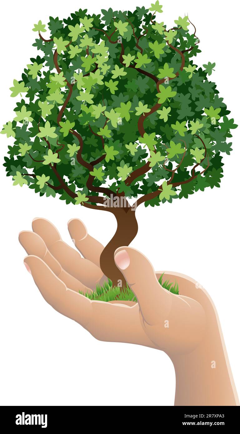 Illustrazione concettuale di una mano che regge un albero in crescita Illustrazione Vettoriale