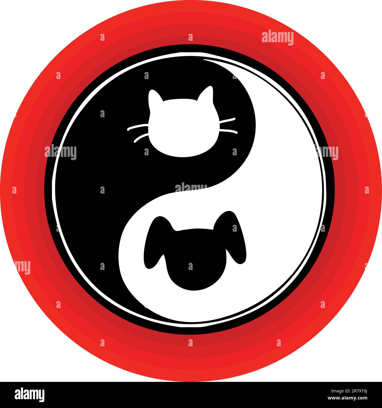 Un simbolo yin yang atipico all'interno di un cerchio rosso, con un gatto e un cane impegnati nell'inseguimento senza fine. Illustrazione Vettoriale