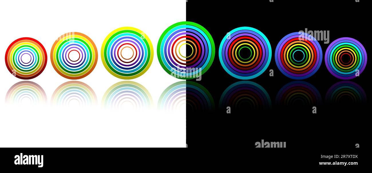 Anelli arcobaleno con riflesso su bianco e nero, illustrazione vettoriale, eps10, 3 strati Illustrazione Vettoriale