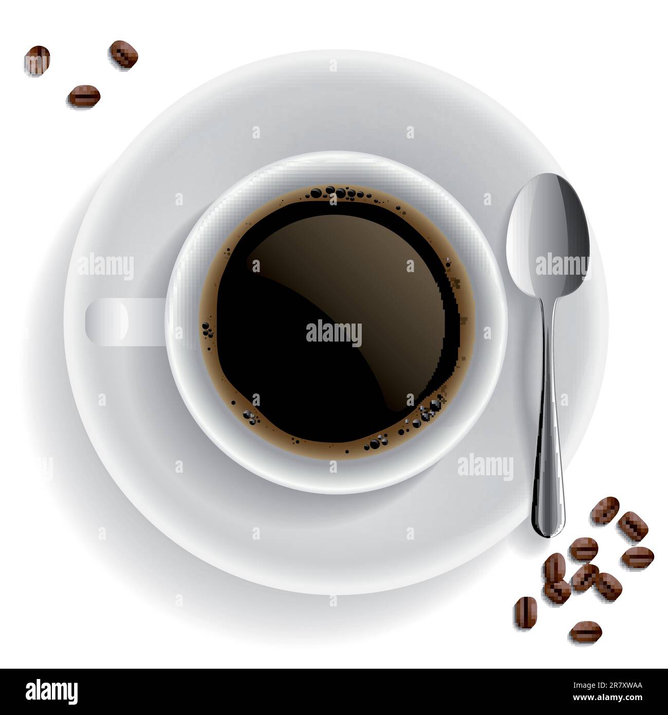 Tazza di caffè nero con grana di caffè e cucchiaio. Su sfondo bianco. Illustrazione Vettoriale