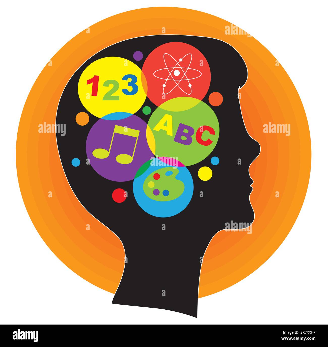 Una silhouette di profilo di un giovane, con una testa piena di idee rappresentate da icone colorate. Illustrazione Vettoriale
