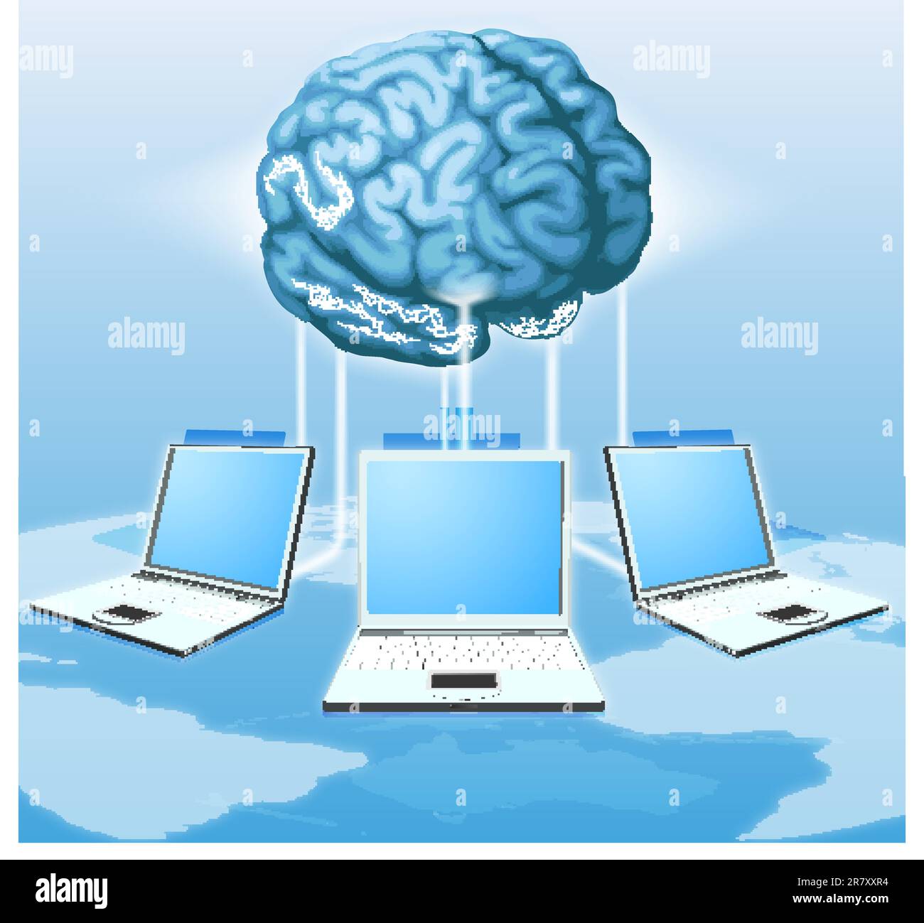 Il computer collegato alla centrale di cervello, il concetto di elaborazione distribuita, folla di sourcing o altro internet metafora. Illustrazione Vettoriale