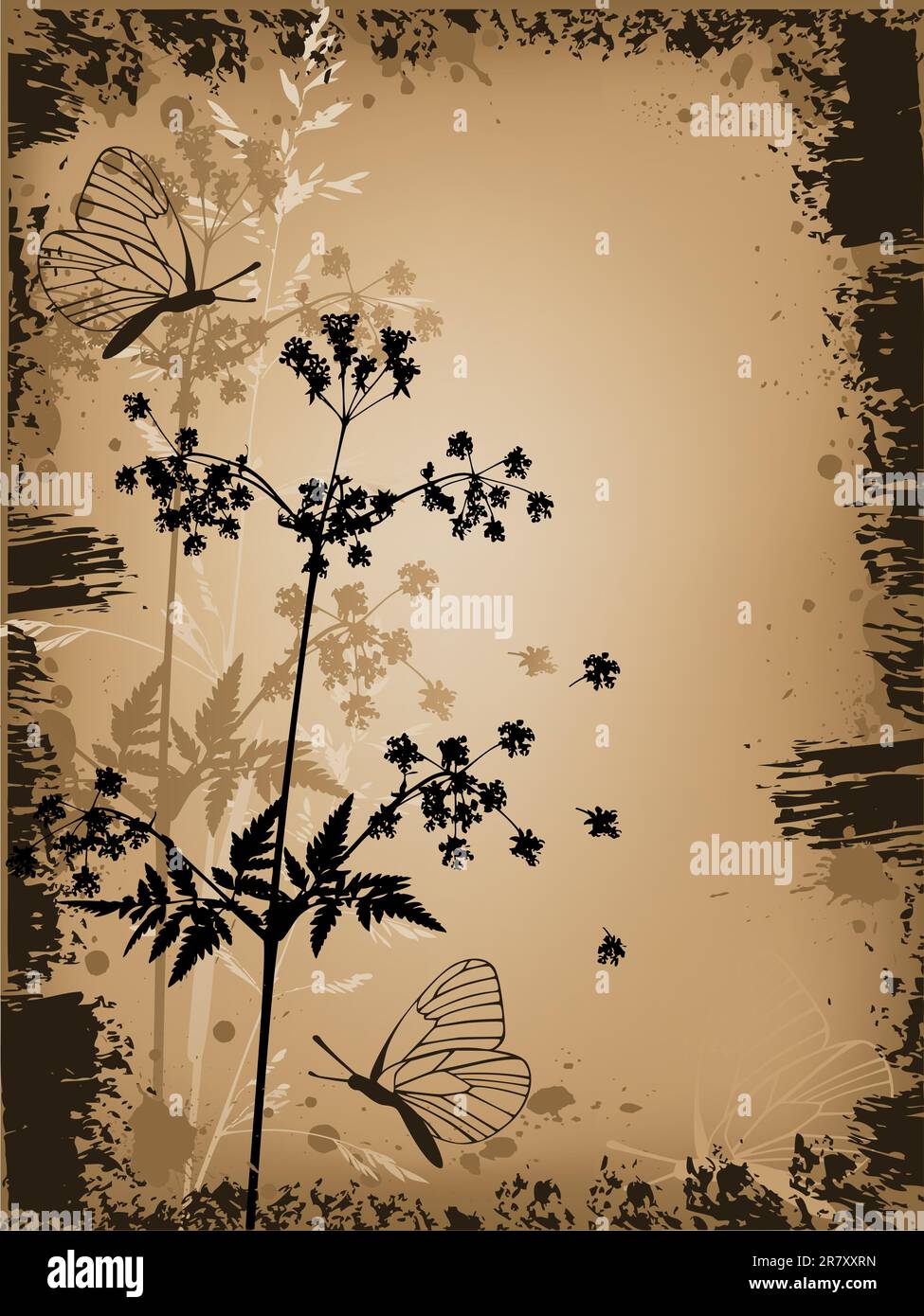 Vector grunge floral background con farfalle Illustrazione Vettoriale