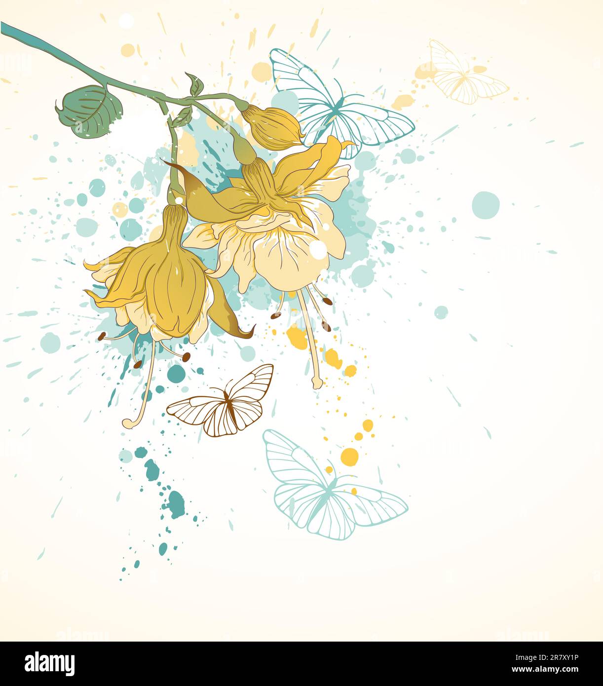 Grunge floral background con farfalle e fiori di colore giallo Illustrazione Vettoriale