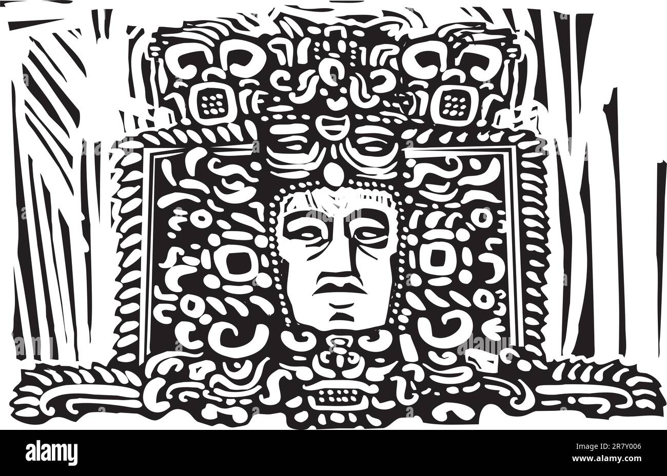 Immagine di un re Maya da una stele in rovina. Illustrazione Vettoriale