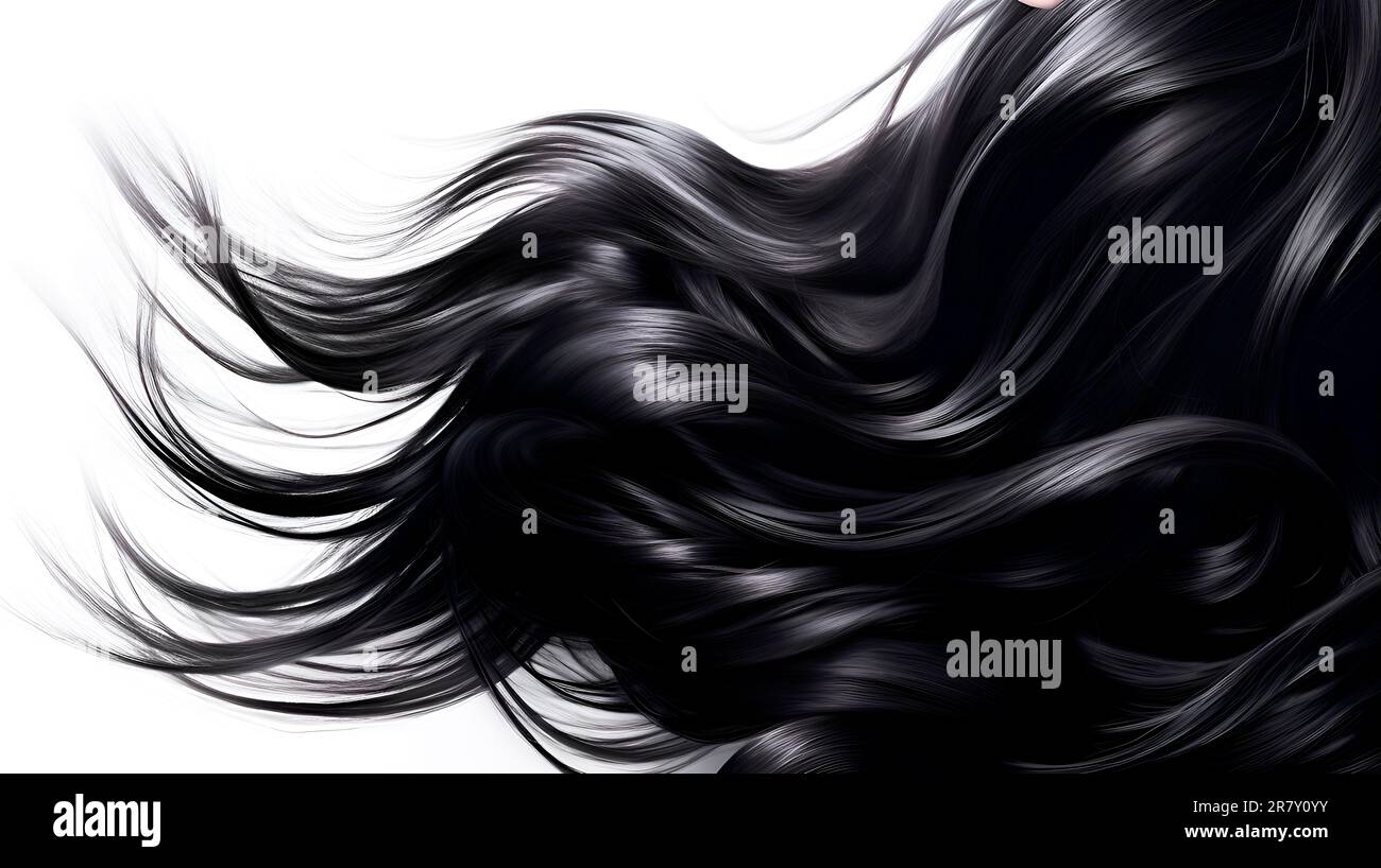 Capelli neri incandescenti ondulati. Isolato su sfondo nero. Shampoo lucido  stile haircare bello capelli lisci colorati primo piano foto Foto stock -  Alamy