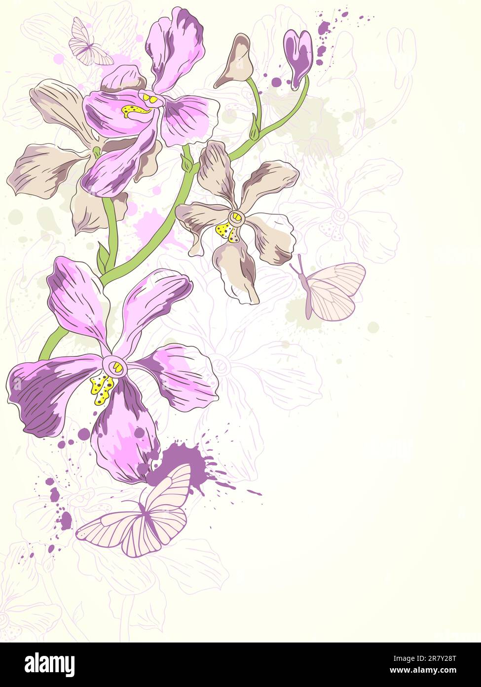 sfondo vettoriale con orchidee viola disegnate a mano Illustrazione Vettoriale