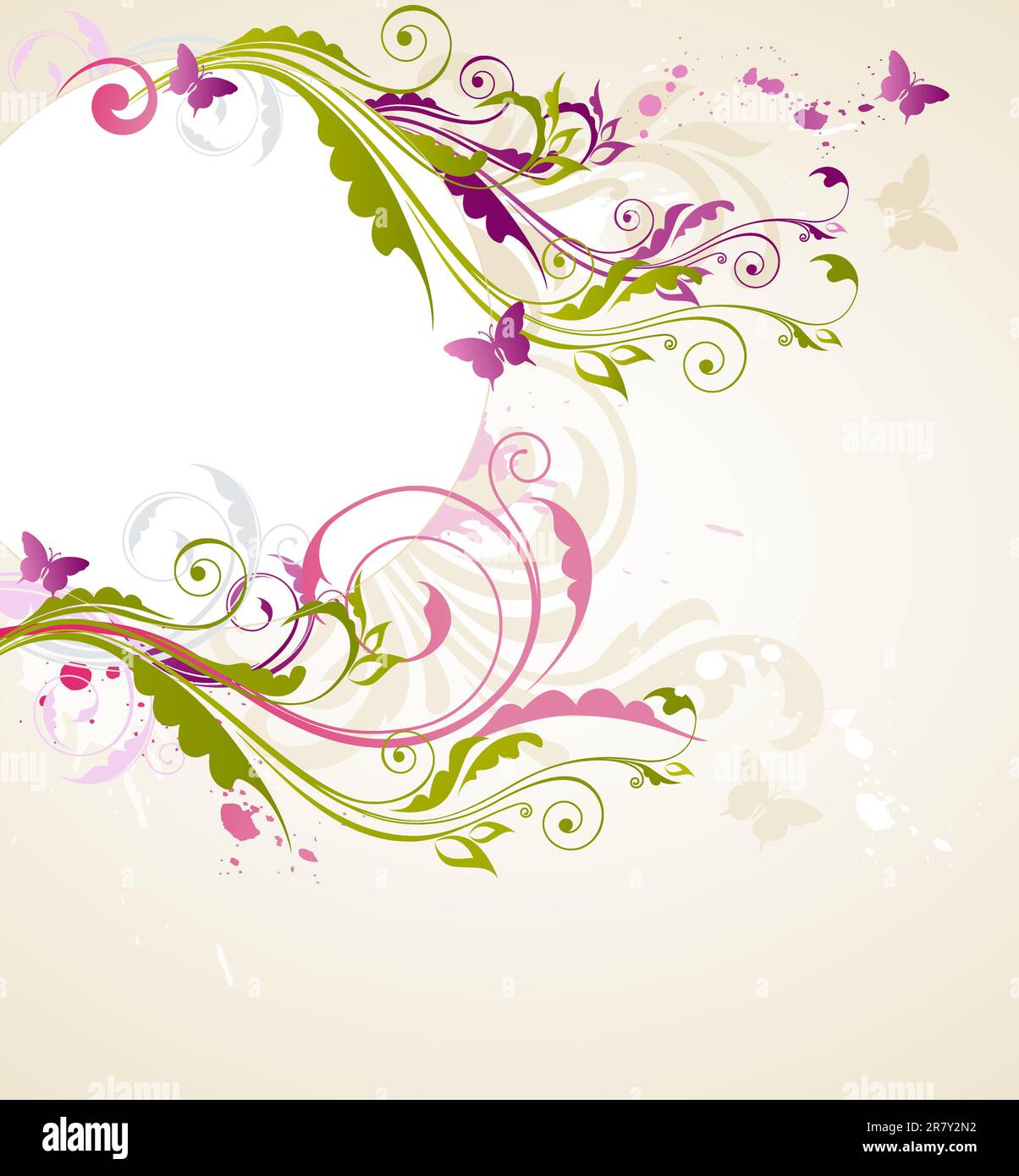 Round banner floreale con farfalle ed ornamento Illustrazione Vettoriale