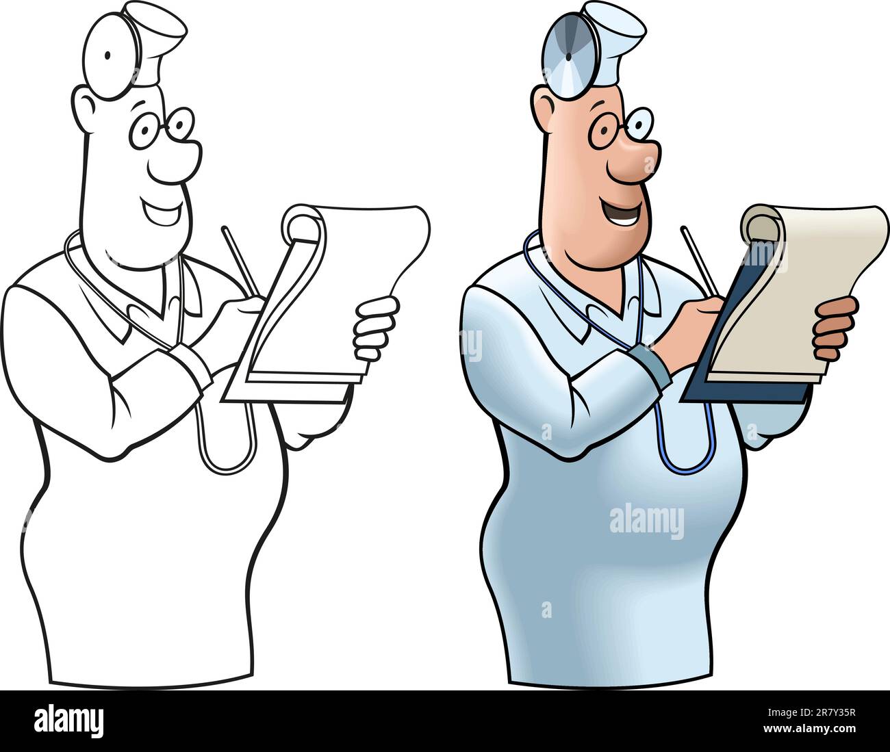 Immagine comica del medico allegro con un notebook. Illustrazione Vettoriale