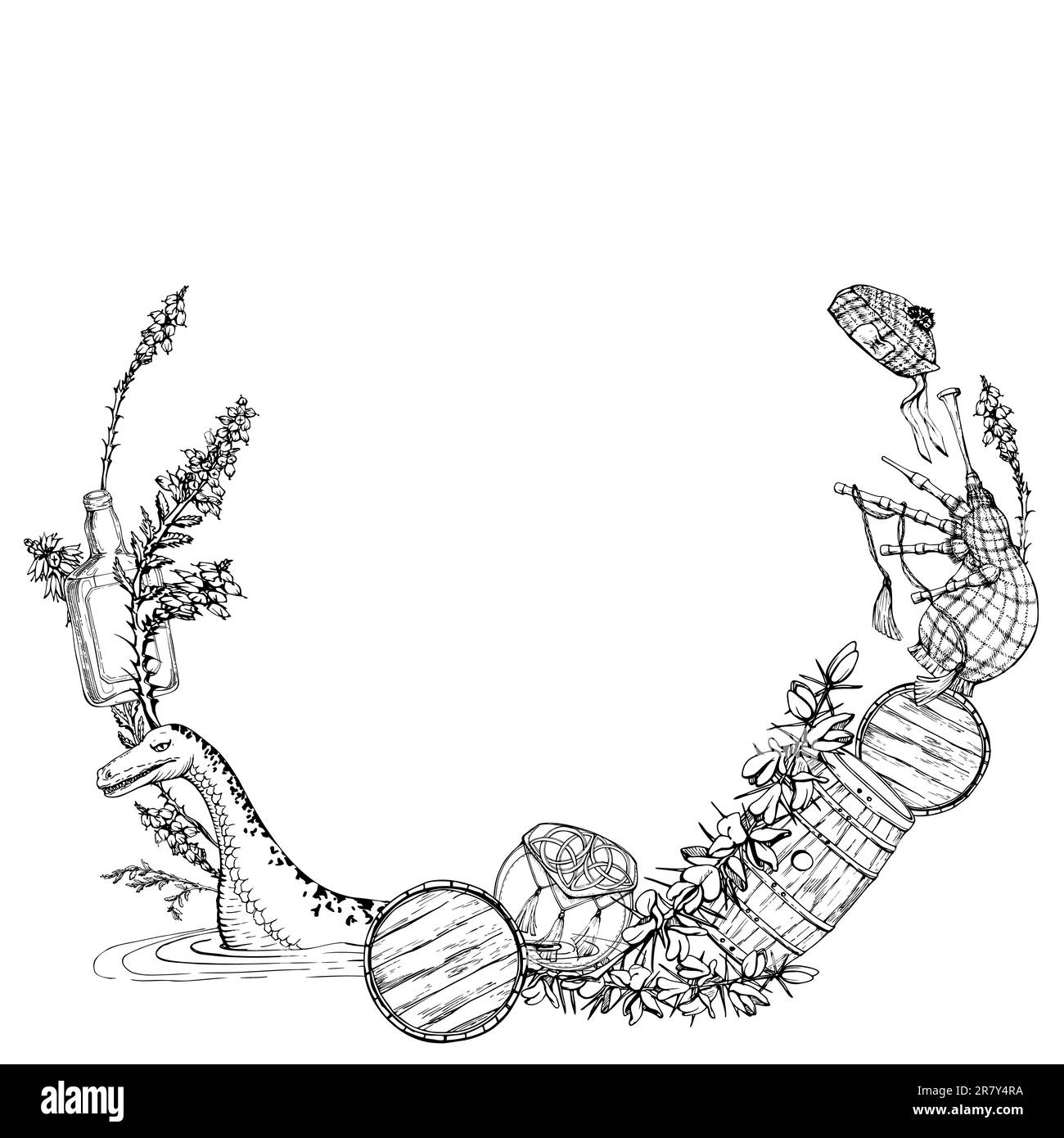 Illustrazione di schizzo grafico vettoriale disegnato a mano con inchiostro. La corona dei simboli scozzesi. Whisky tartan bagpipe erica scotch scopa fiore loch ness. Design Illustrazione Vettoriale