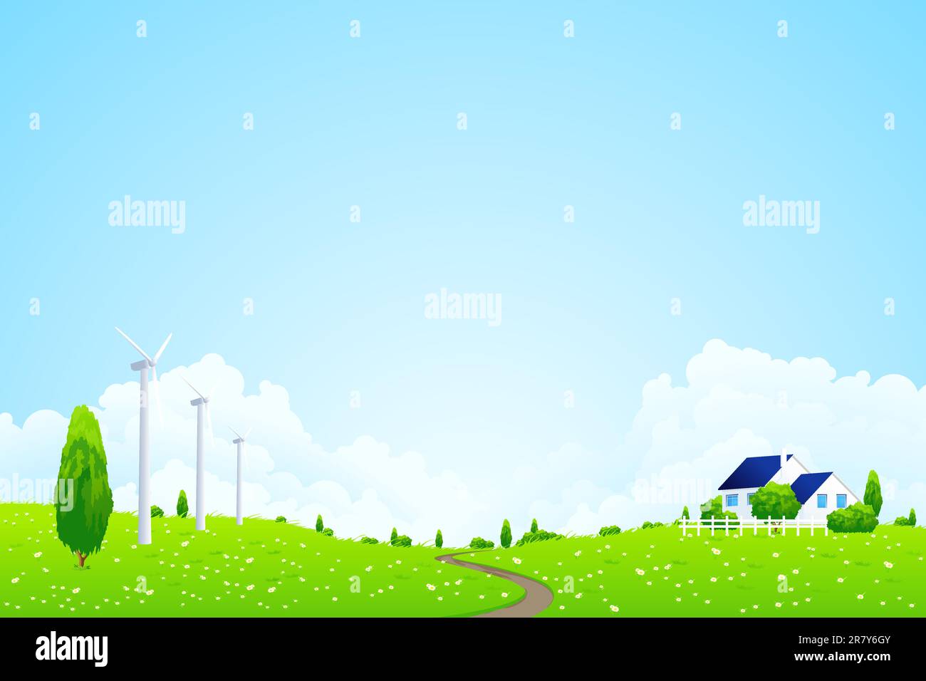 Verde paesaggio con casa fiori di nuvole e vento power station Illustrazione Vettoriale
