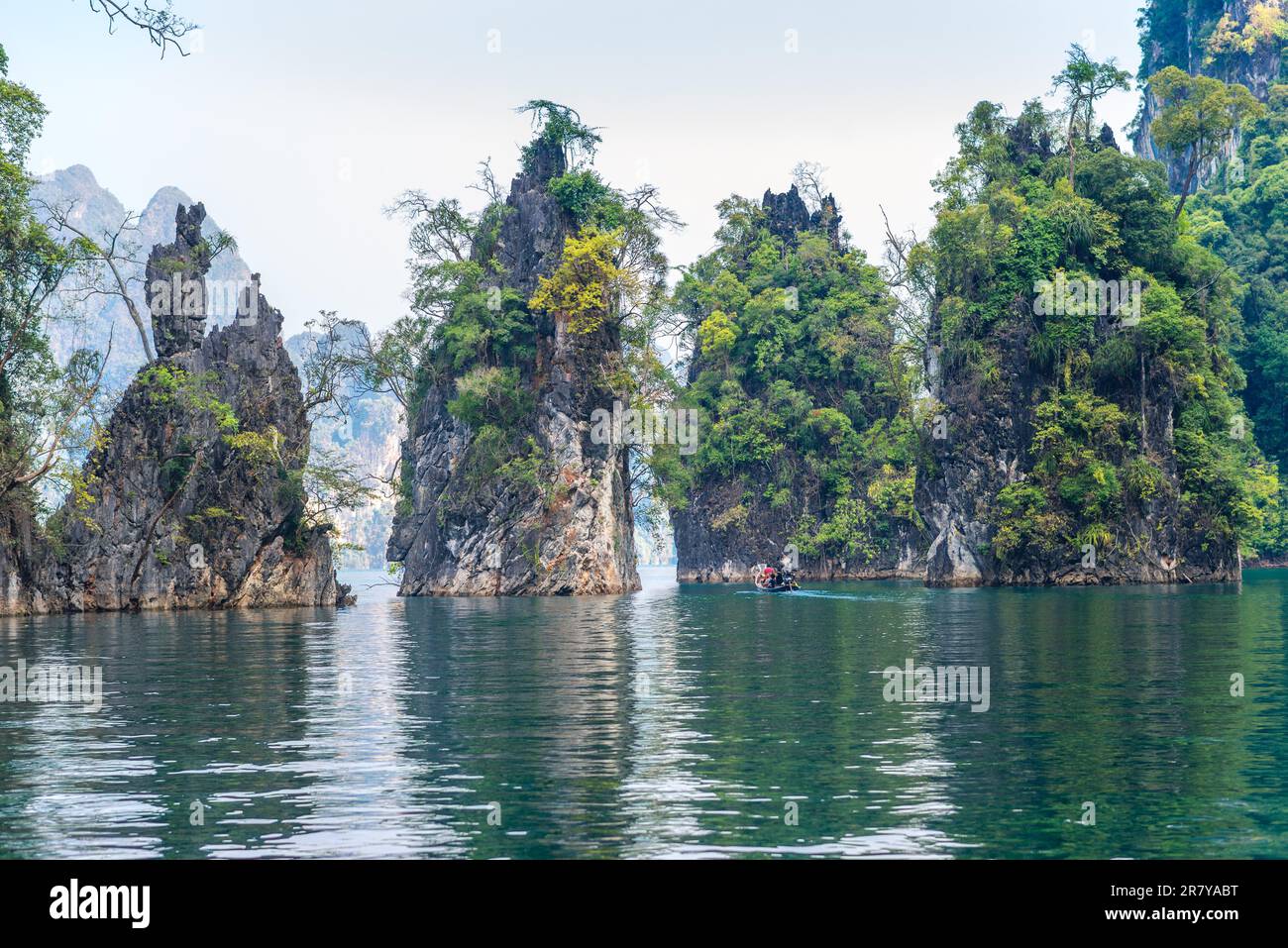Formazioni carsiche significative nel parco nazionale Khao Sok sorgono sopra il lago Cheow LAN. Rocce calcaree, giungla e carsico determinano l'immagine di Foto Stock