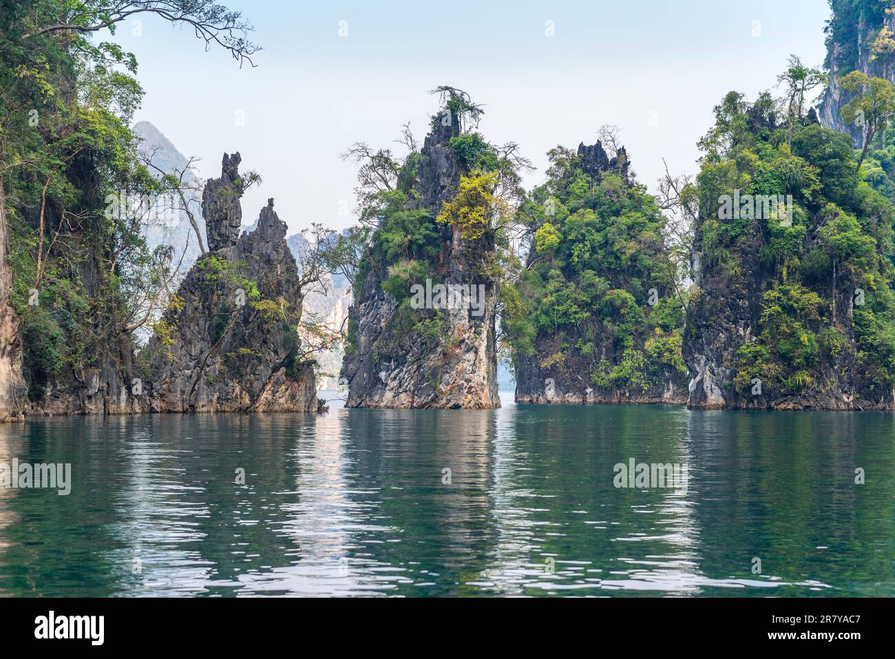 Formazioni carsiche significative nel parco nazionale Khao Sok sorgono sopra il lago Cheow LAN. Rocce calcaree, giungla e carsico determinano l'immagine di Foto Stock