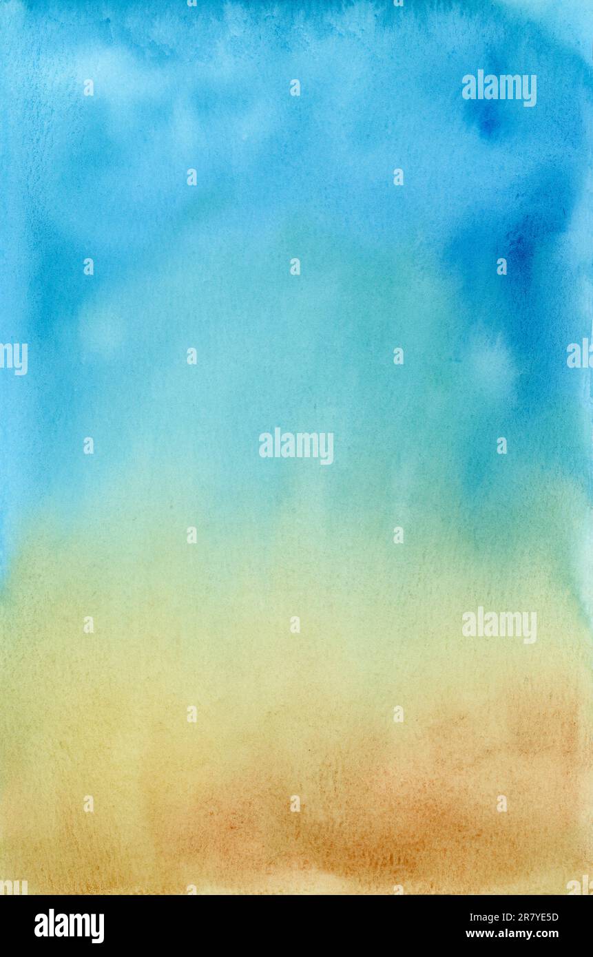 Blu turchese e giallo gradiente di acqua e sabbia di fondo marino sfondo acquerello per disegni nautici verticali Foto Stock