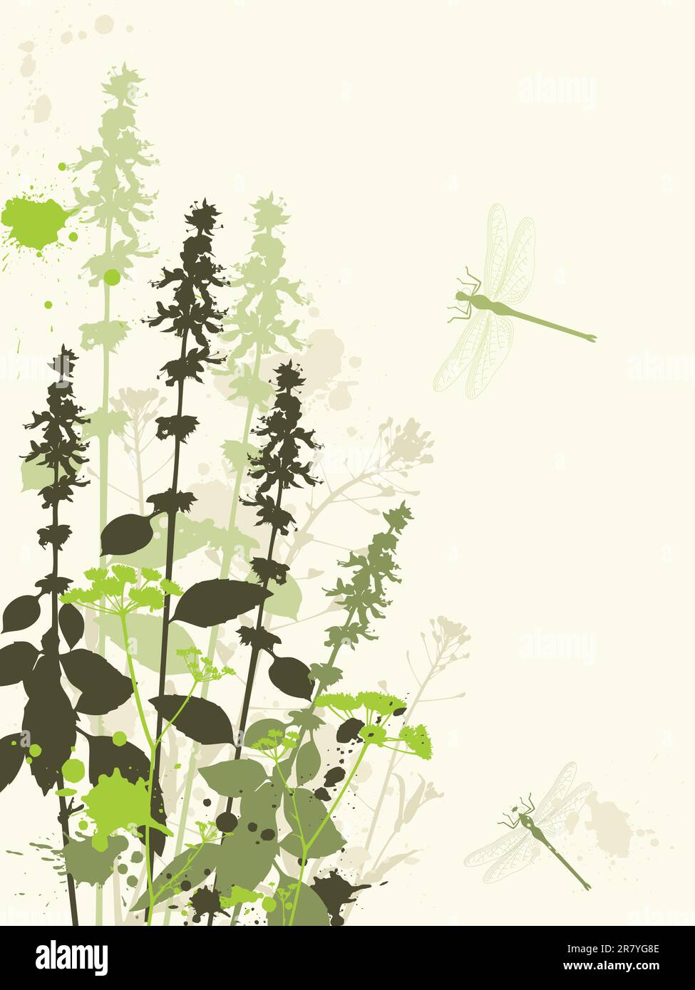 Green Grunge sfondo vettoriale con fiori selvaggi e libellula Illustrazione Vettoriale