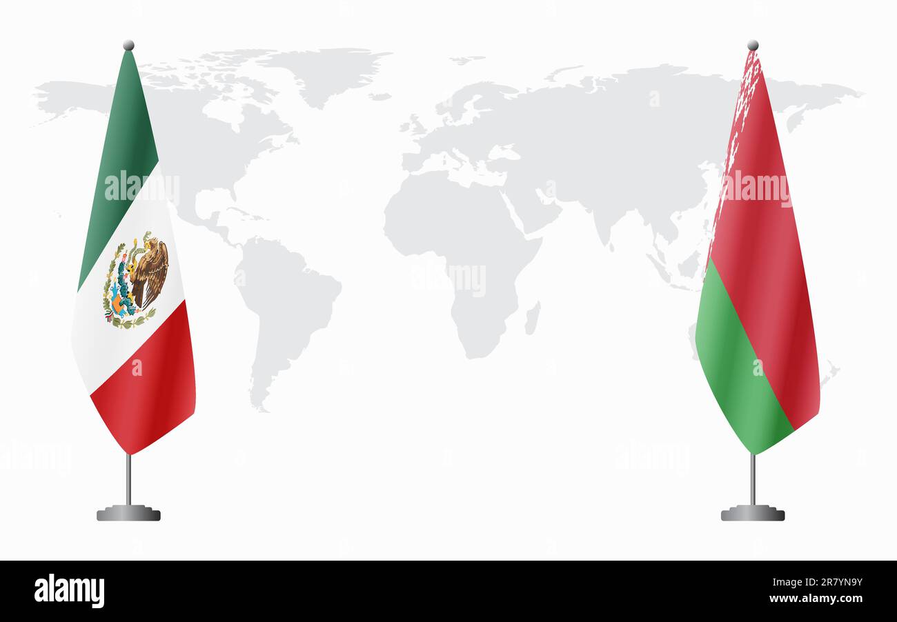 Bandiere messicane e bielorusse per l'incontro ufficiale sullo sfondo della mappa mondiale. Illustrazione Vettoriale