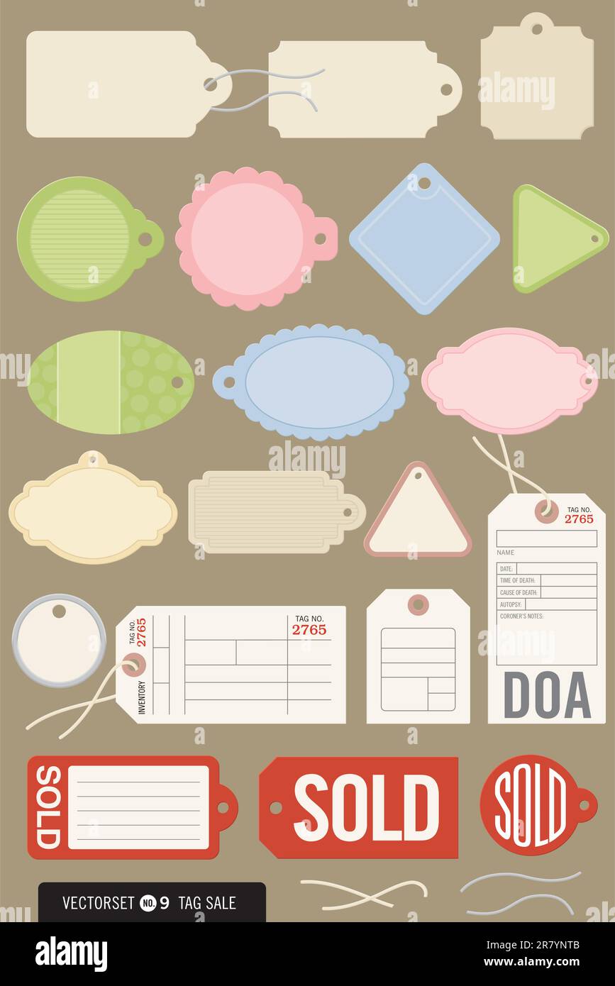 Illustrazioni vettoriali di etichette regalo, prezzo, inventario, vendita e persino puntale. Include stringhe e tutti i colori e le forme sono facili da... Illustrazione Vettoriale