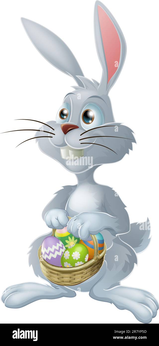 Il coniglietto di Pasqua con un cesto pieno di dipinti uova di Pasqua Illustrazione Vettoriale
