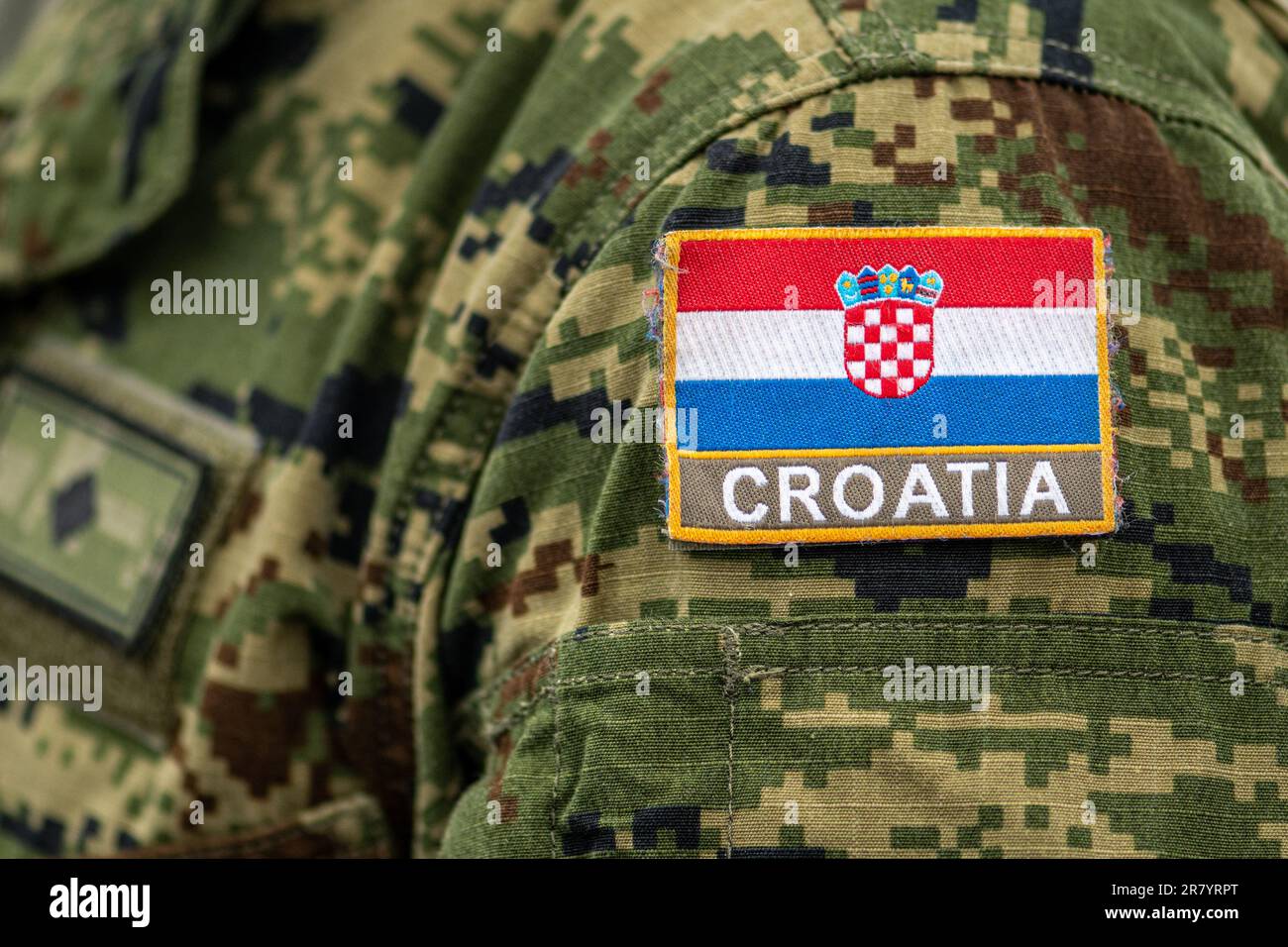 Croazia su un'uniforme da soldato, forze armate croate, unità di integrazione della forza NATO, primo piano Foto Stock