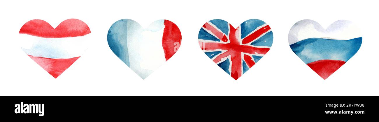 Set di cuori bandiera francese, russo, austriaco e britannico. Acquerello disegnato a mano isolato su sfondo bianco. Foto Stock