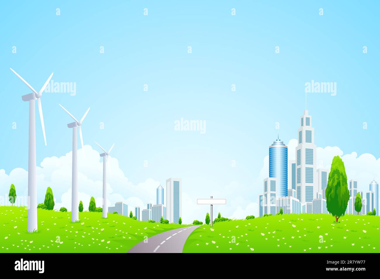 Paesaggio verde con Wind Power Station Road Sign fiori e città moderna per il vostro design Illustrazione Vettoriale