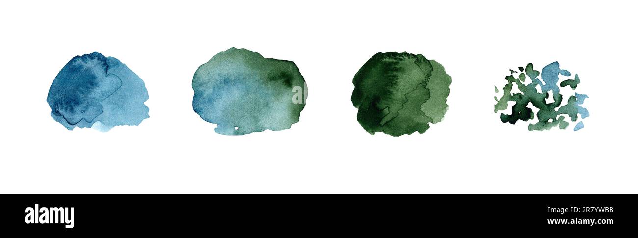 Set di acquerelli blu, verde e turchese isolati su sfondo bianco. Foto Stock