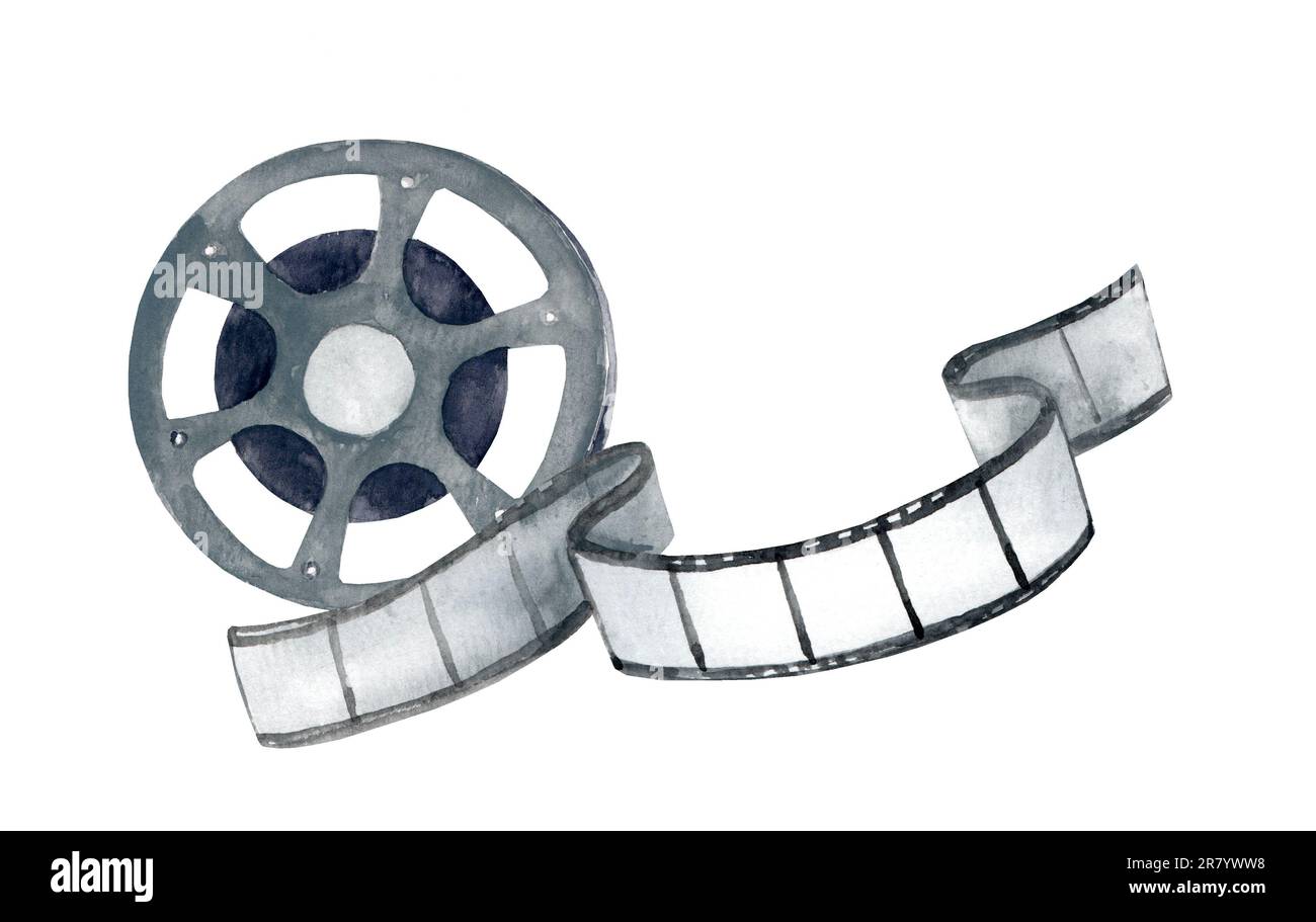 Cinema, film e fotografia 35mm pellicola modello. Illustrazione disegnata a mano con acquerello. Foto Stock