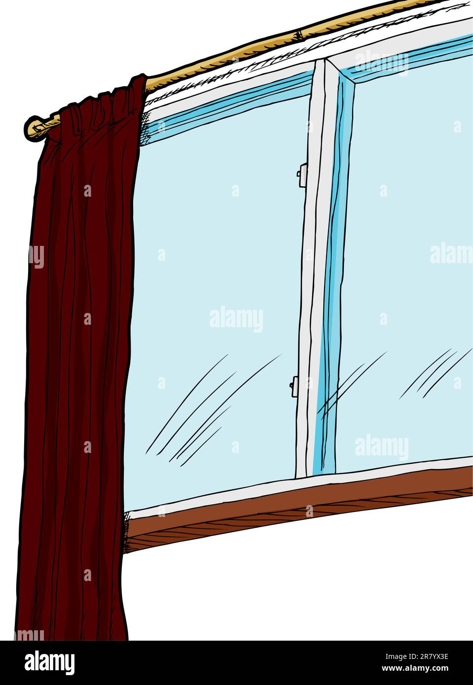 Vista interna della finestra scorrevole con tendina su bianco Illustrazione Vettoriale
