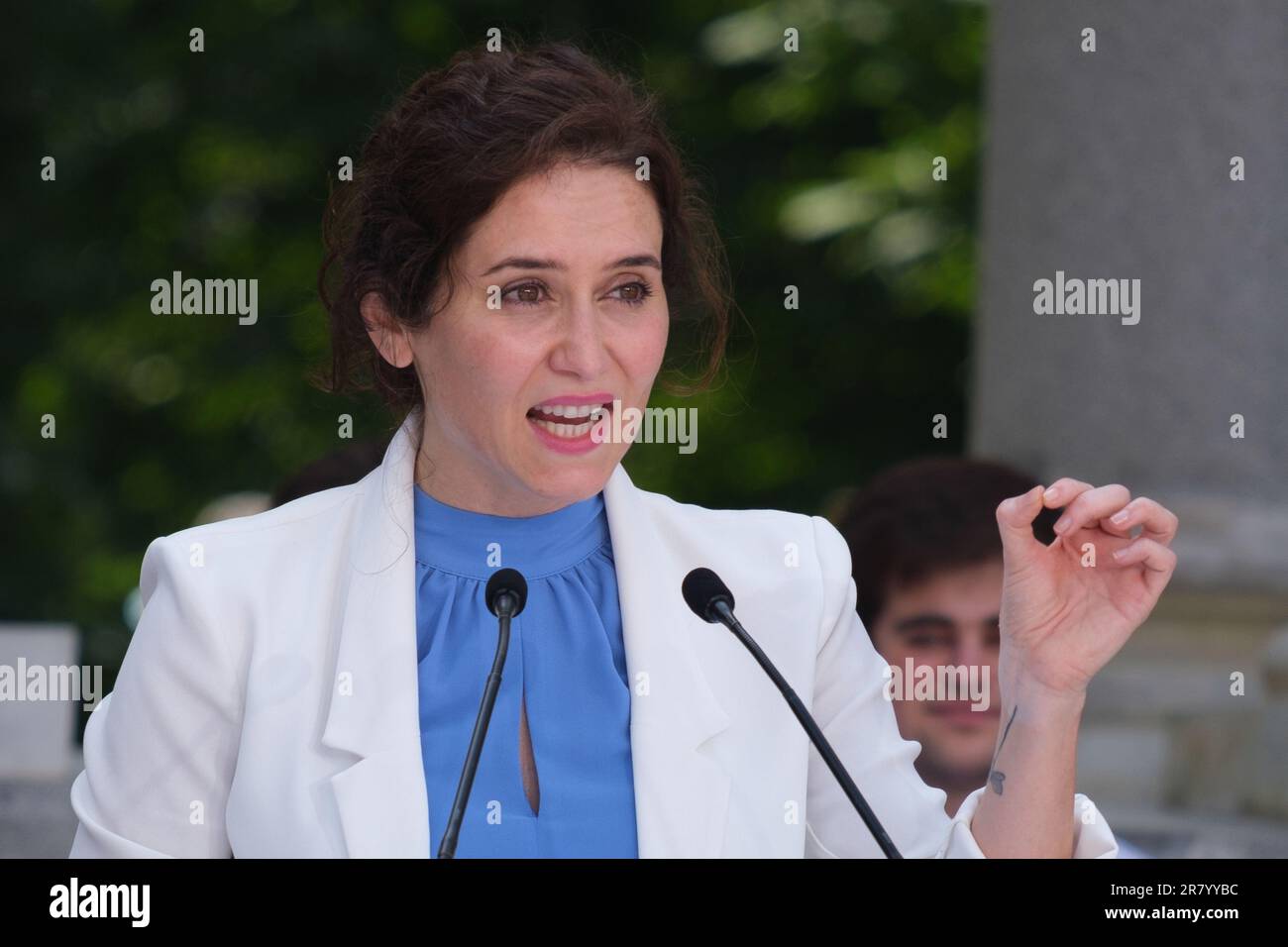 il presidente regionale di Madrid Isabel Diaz Ayuso durante una manifestazione pre-campagna a Madrid, il 18 giugno 2023, in Spagna. Prima del 23 luglio Early legislative ele Foto Stock