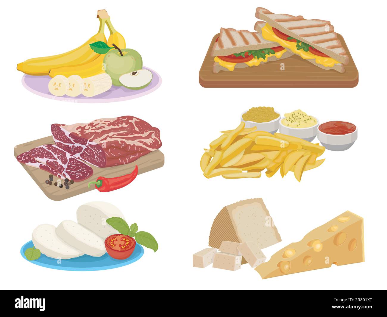 set di sei immagini a colori di frutta, prosciutto, panini, patatine fritte, mozzarella, e formaggio Illustrazione Vettoriale