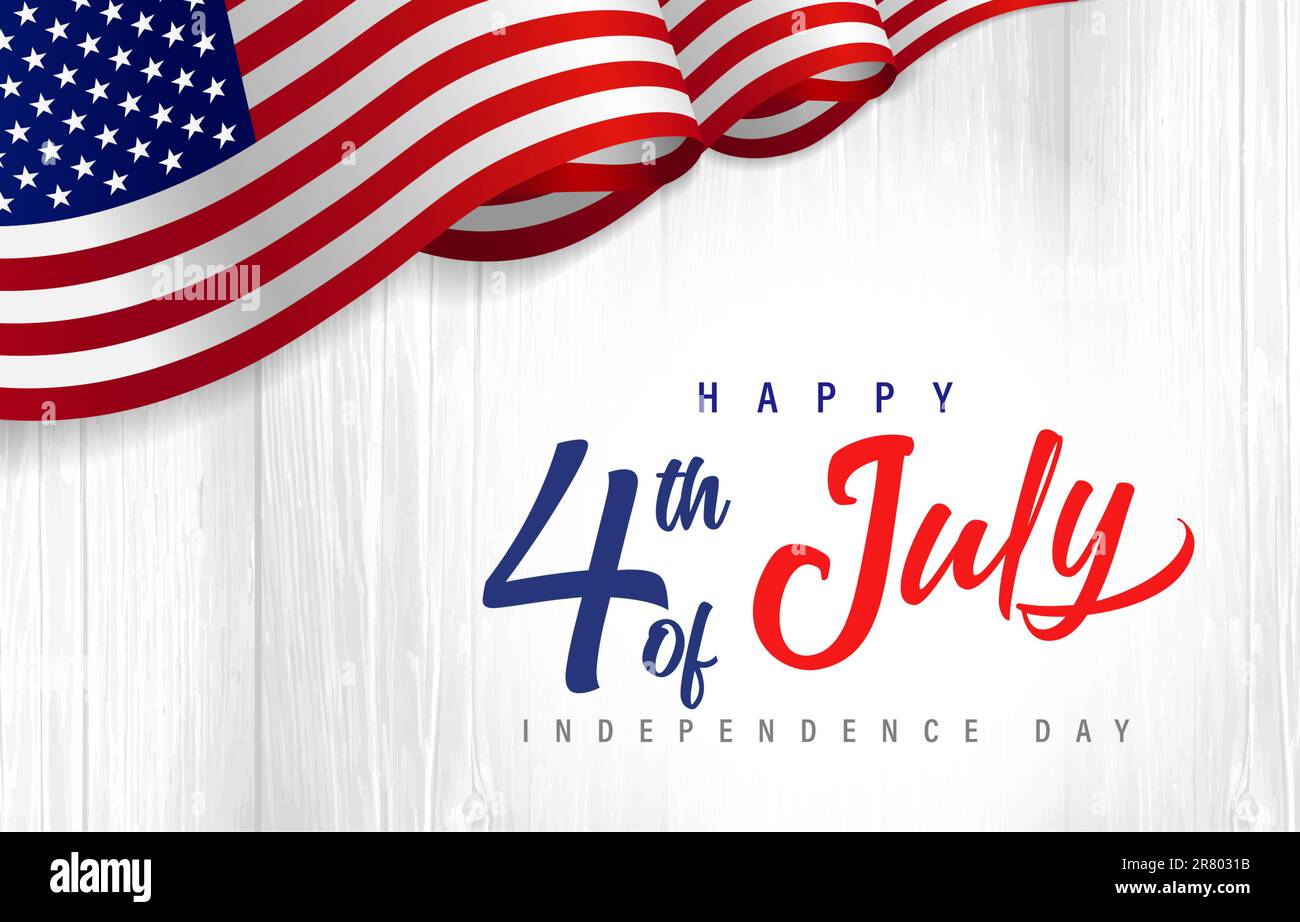 Felice 4th luglio Idependence Day, scritta con bandiera USA su tavole di legno. Design per le feste americane con bandiera statunitense e testo scritto a mano. Carta vettoriale Illustrazione Vettoriale