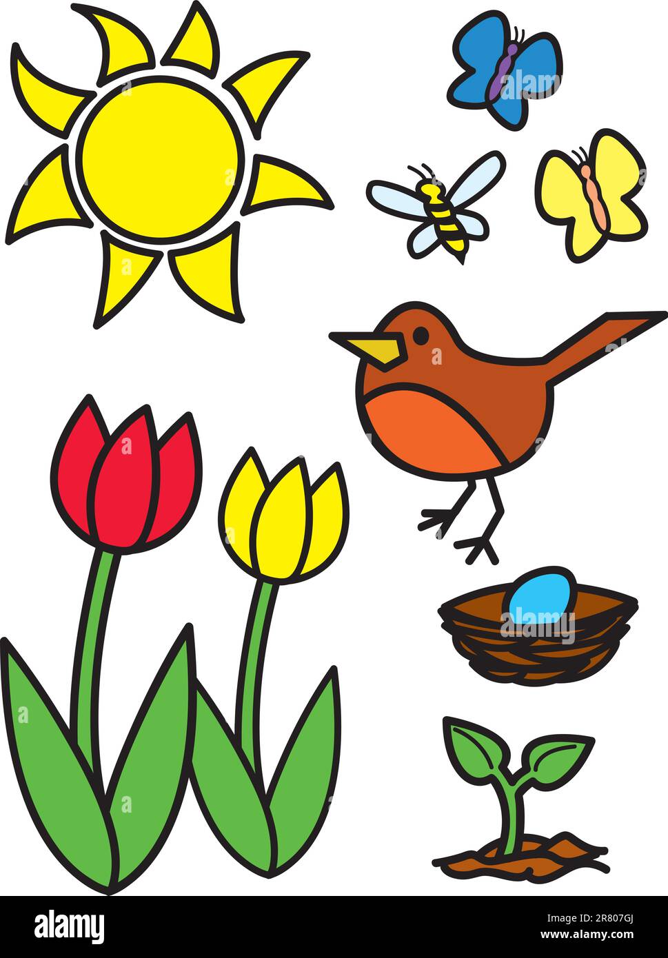 Elementi comunemente associati alla primavera disegnati in stile cartone animato. Illustrazione Vettoriale