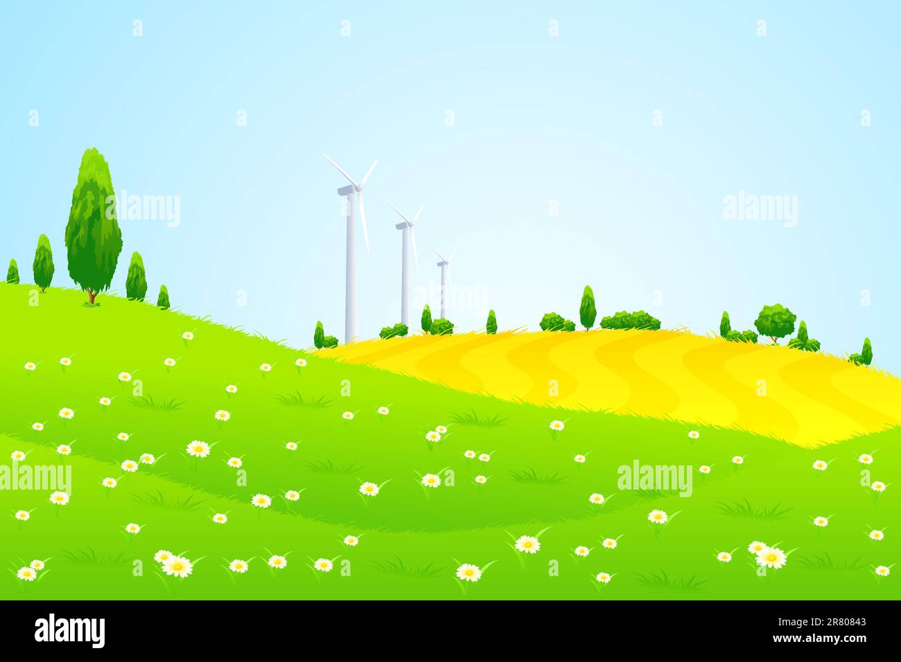Paesaggio verde con Wind Power Station colline alberi e fiori per il tuo design Illustrazione Vettoriale