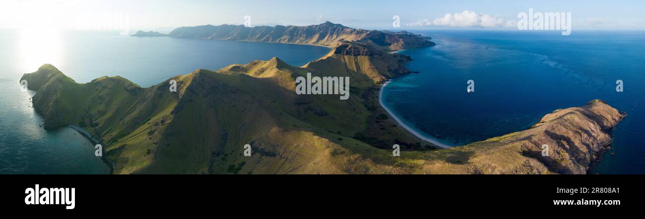 Le barriere coralline sane si trovano lungo l'isola vulcanica di Gili Banta, vicino a Komodo, Indonesia. Questa regione è sede di una straordinaria biodiversità marina. Foto Stock
