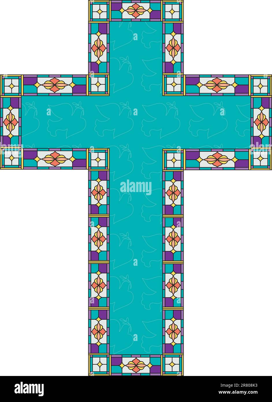 Una croce di colore turchese ha contorni di colombe pacifiche e un bordo di vetro colorato. Illustrazione Vettoriale