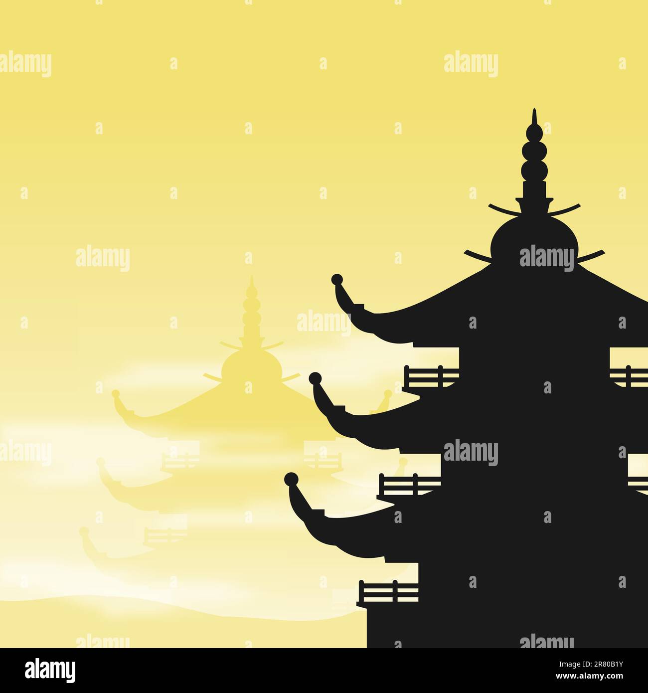 Pagoda asiatici Silhouette all'alba con sfondo giallo e la nebbia Illustrazione Vettoriale