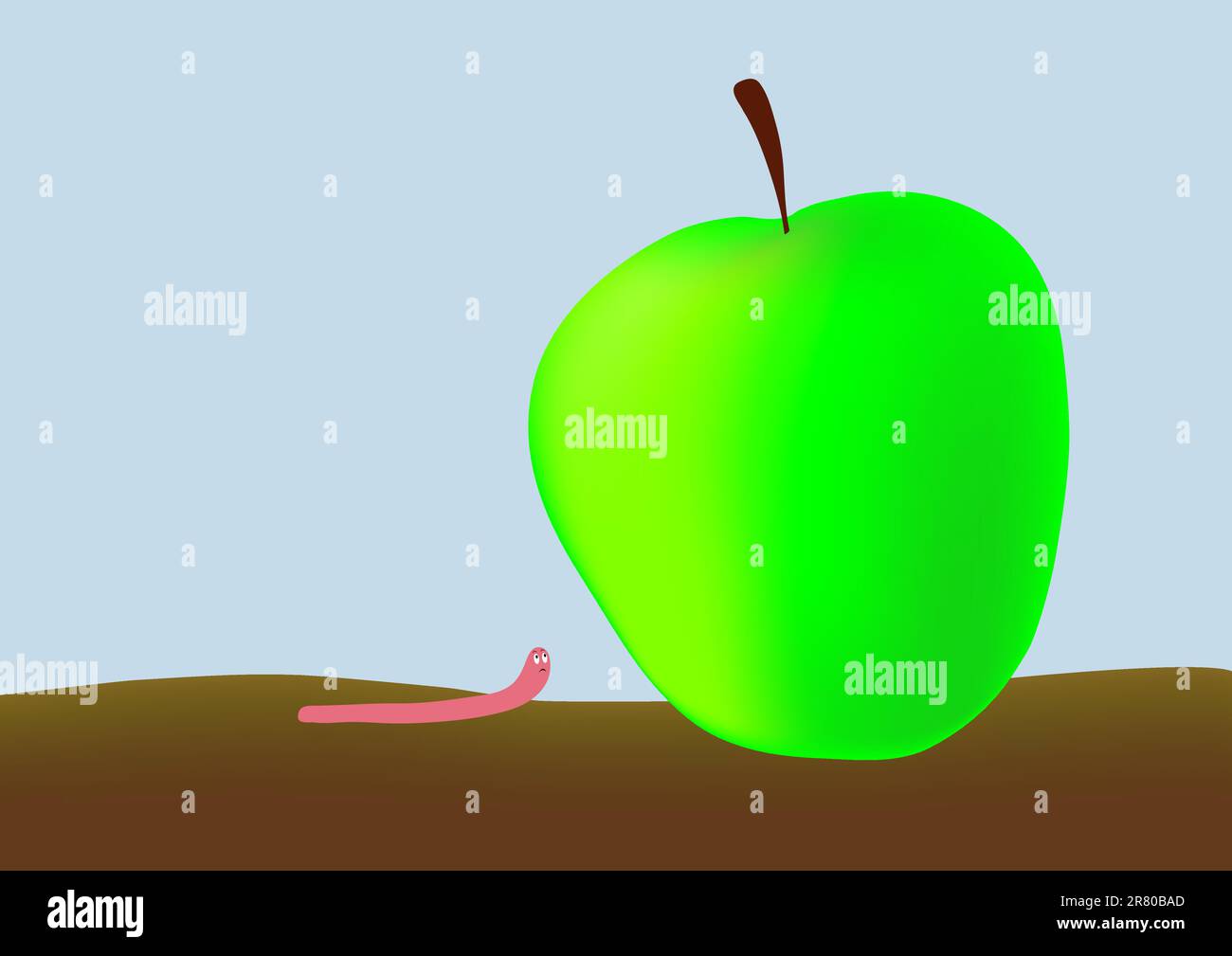 Piccolo verme e grande mela verde - mordere più di quanto si possa masticare - assumere troppo - mordere più di quanto si possa masticare. Questo file è vettoriale, può essere... Illustrazione Vettoriale