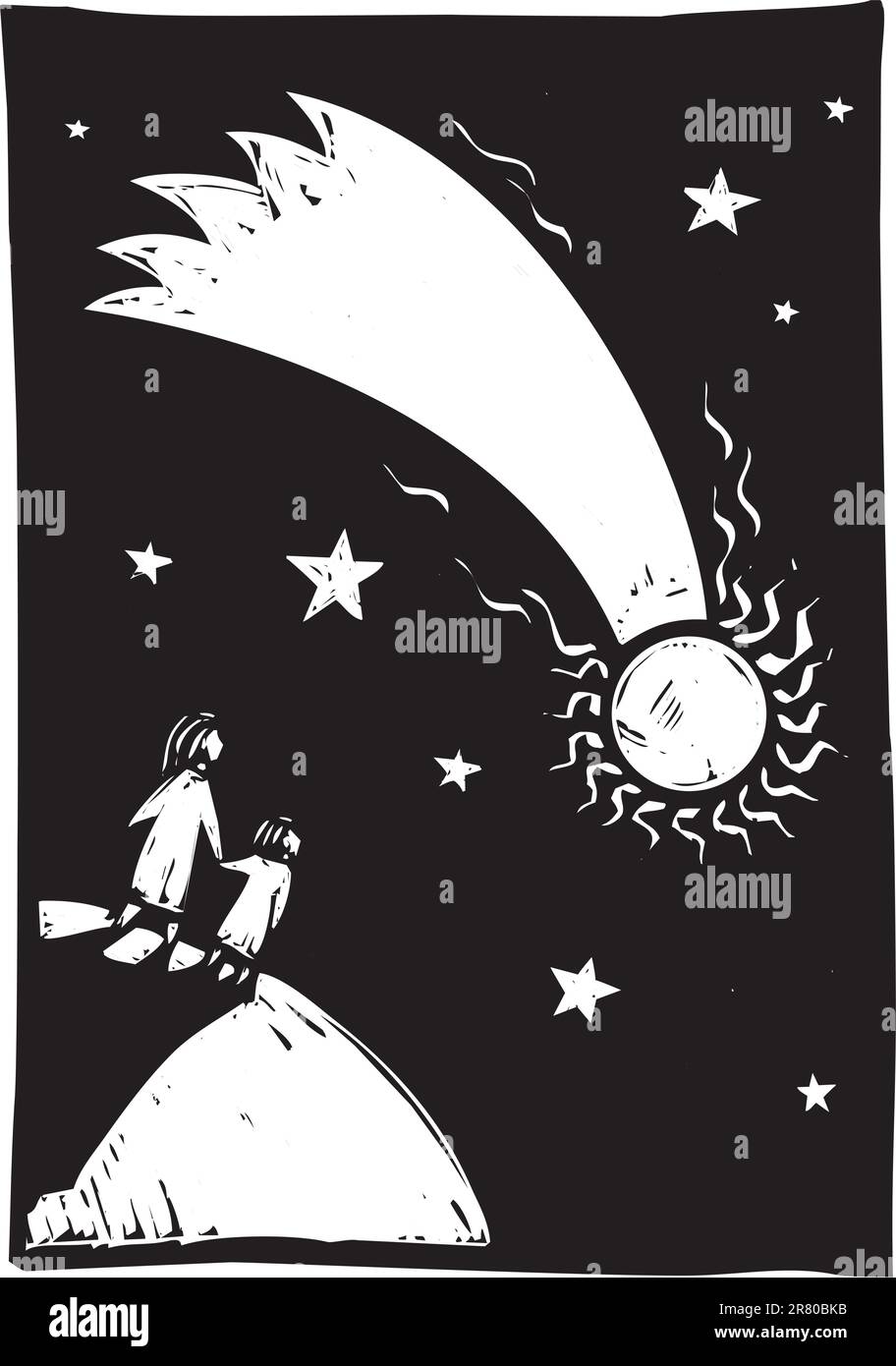 Due persone guarda come una cometa illumina il cielo. Illustrazione Vettoriale