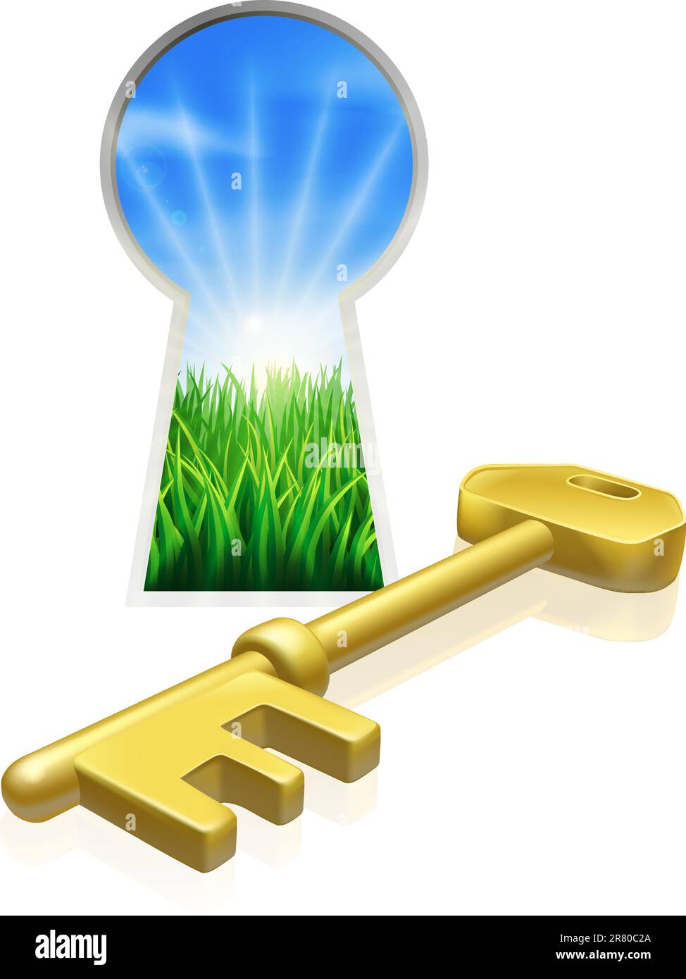 Illustrazione concettuale della chiave e del buco della chiave che si affaccia su un bellissimo campo verde. Concetto di libertà, opportunità o altra metafora aziendale Illustrazione Vettoriale